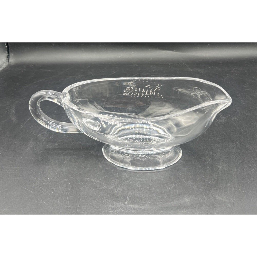 Vintage Clear Glass Footed Gravy Boat Sauce Server Heavy Pressed Glass 9”